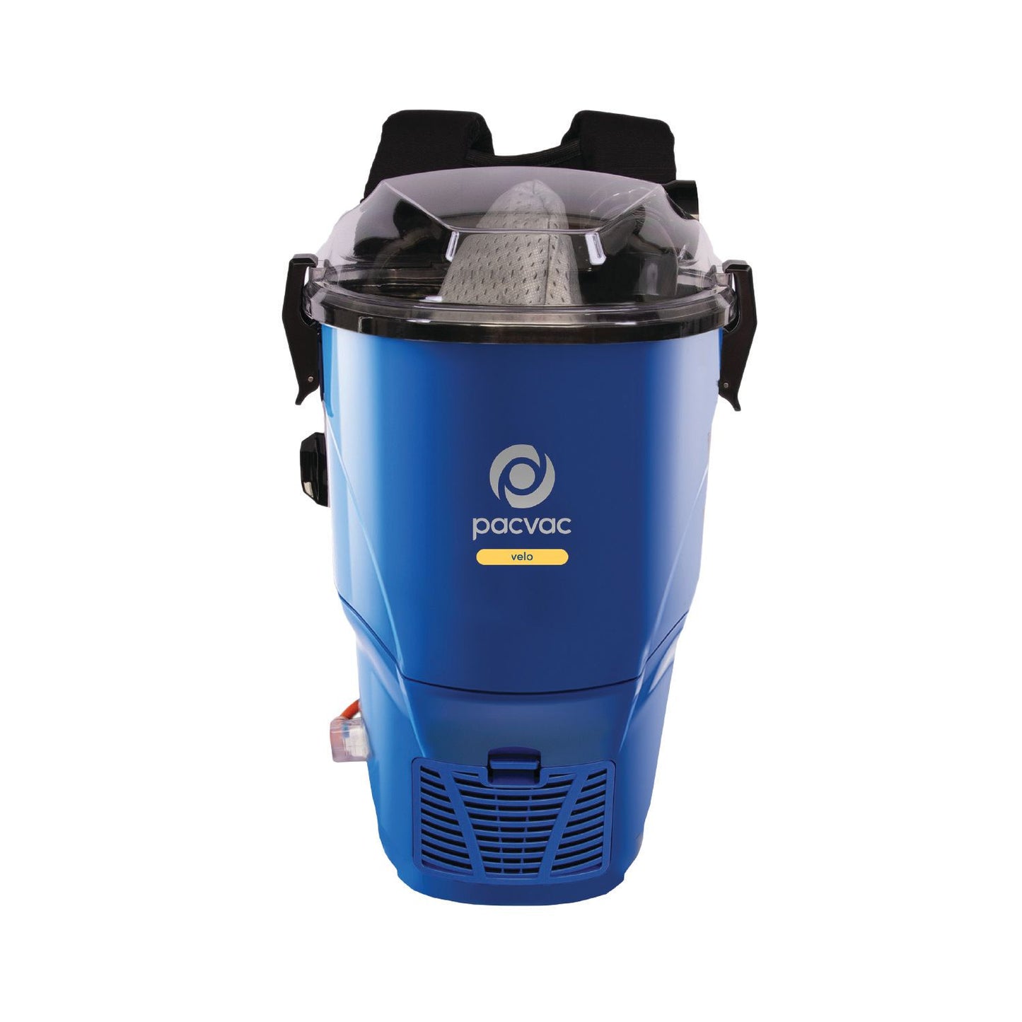 Blue backpack vacuum cleaner with Pacvac logo on a white background