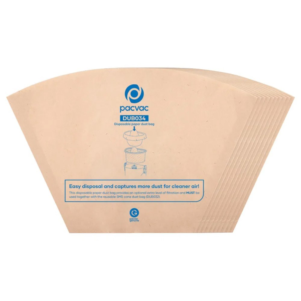 Beige dust bag with PacVac branding on a white background