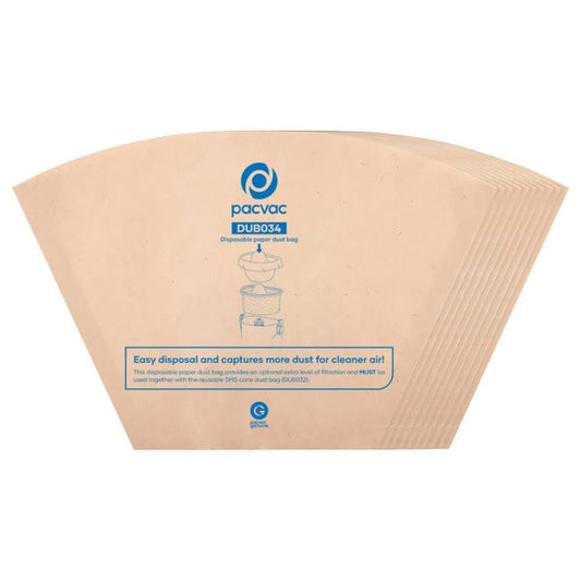 Beige dust bag with PacVac branding on a white background