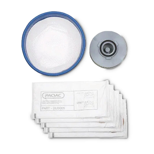 Set of vacuum filter parts including a round white filter with blue rim, a metallic wheel, and multiple white bags with labels on a white background.