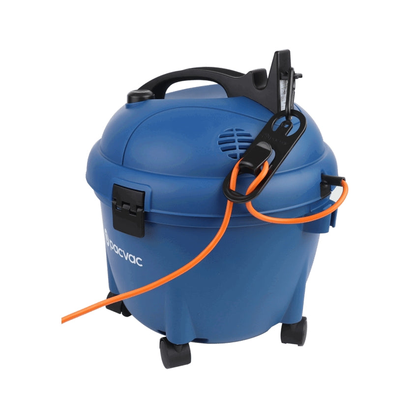 Blue Pacvac Glide 300 Barrel Vacuum Cleaner with orange power cord on a white background