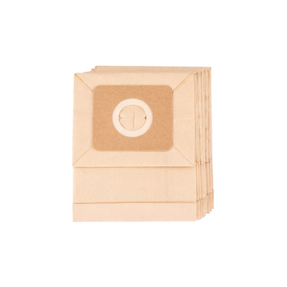 Stack of beige vacuum cleaner bags with a central circular logo on a white background
