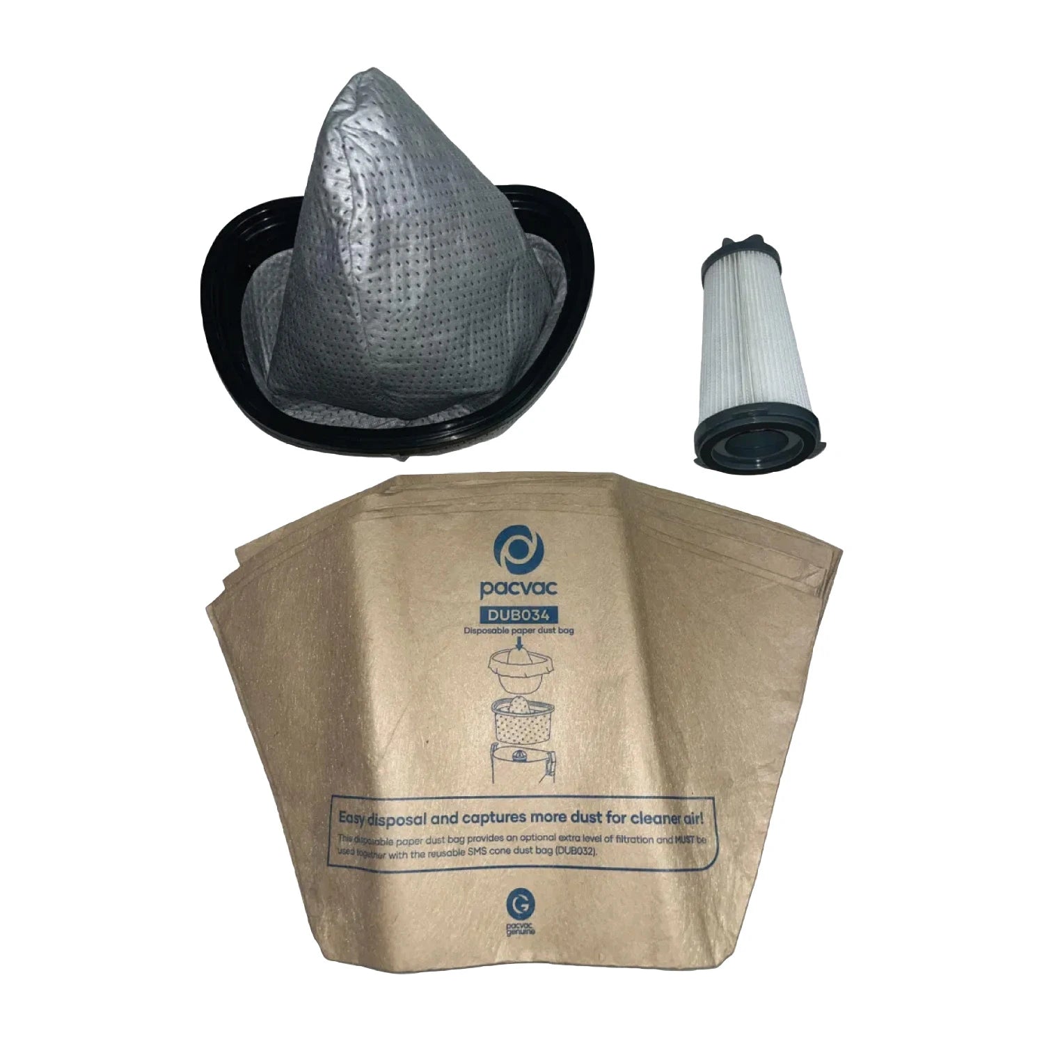 Pacvac vacuum cleaner parts including a filter, dust bag, and HEPA filter on a white background.