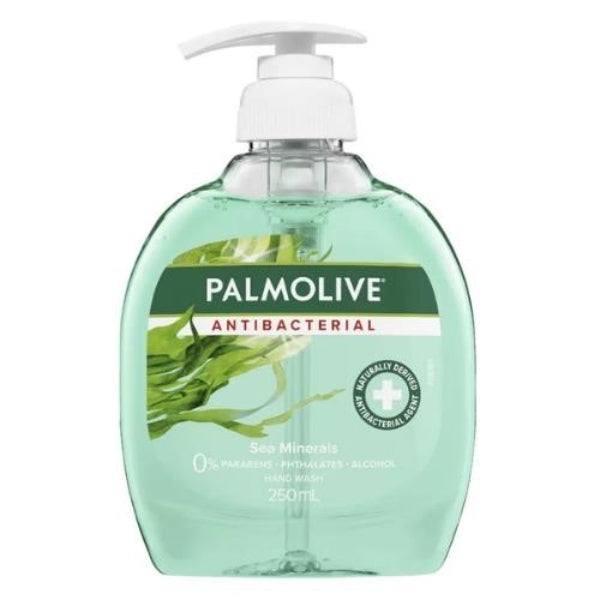 Palmolive antibacterial hand soap bottle with pump on a white background