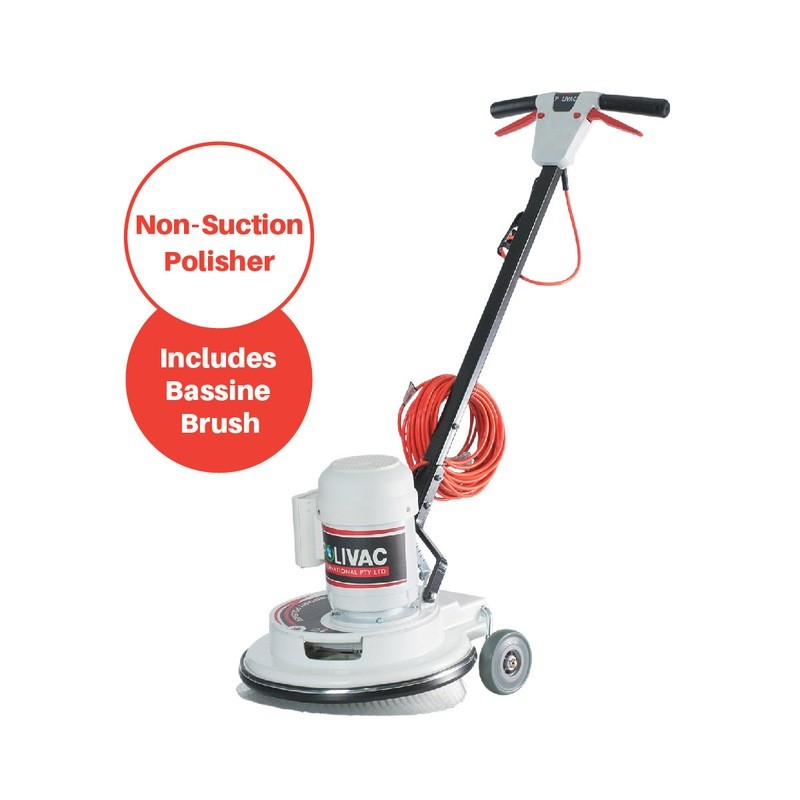 Polivac C25 Non-suction Polisher machine with hose and brush attachment on a white background