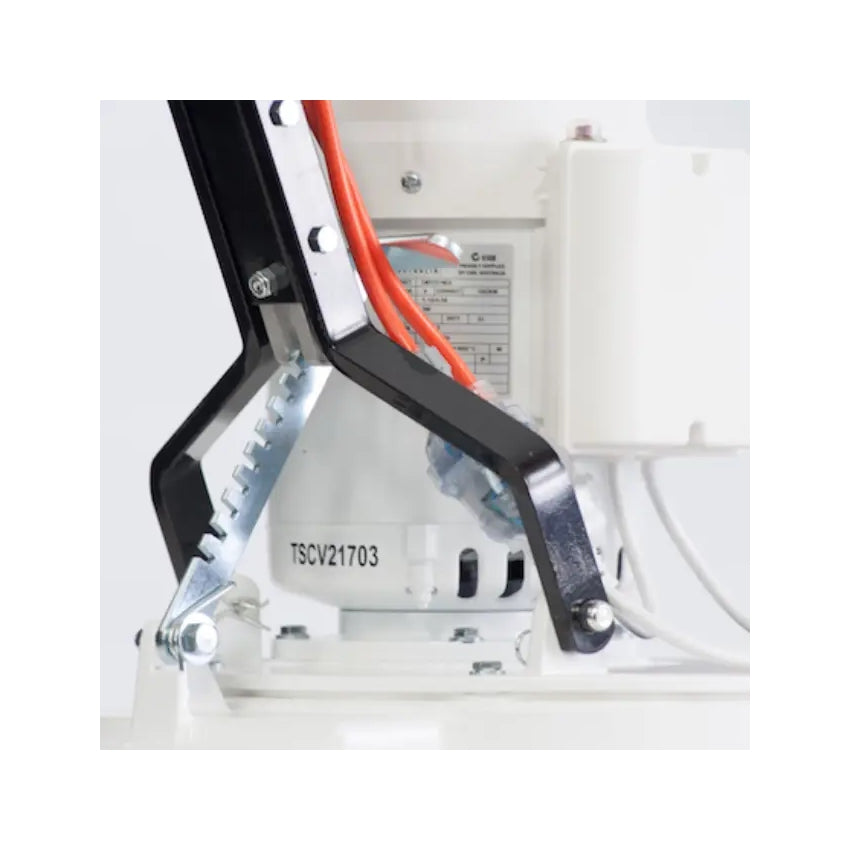 Close-up of a mechanical component with visible branding on a white background