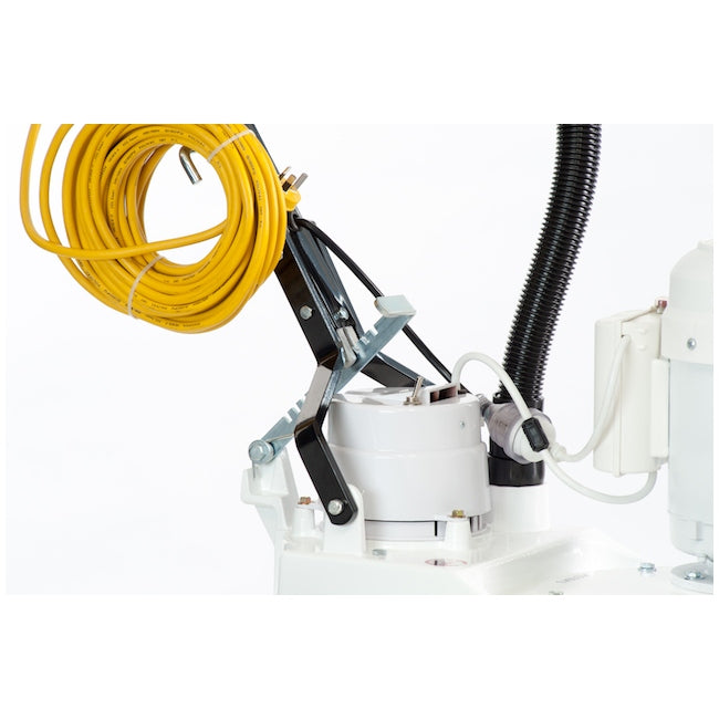 Adjustable handle with yellow cable and black hose on a white background