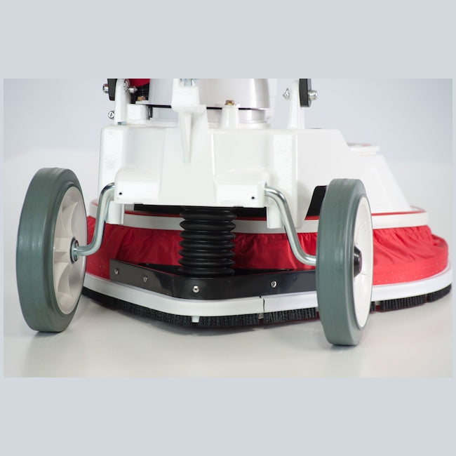 Close-up of a red and white Polivac PV25 Suction Polisher machine with wheels on a light gray background