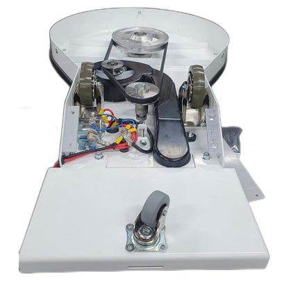 Mechanical device with gears, wires, and a foot pedal on a white background