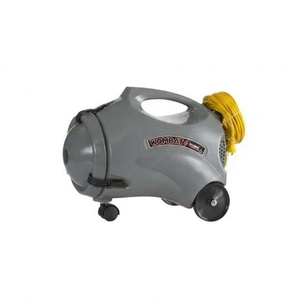 Gray Pull Along Vacuum Cleaner with yellow power cord on a white background