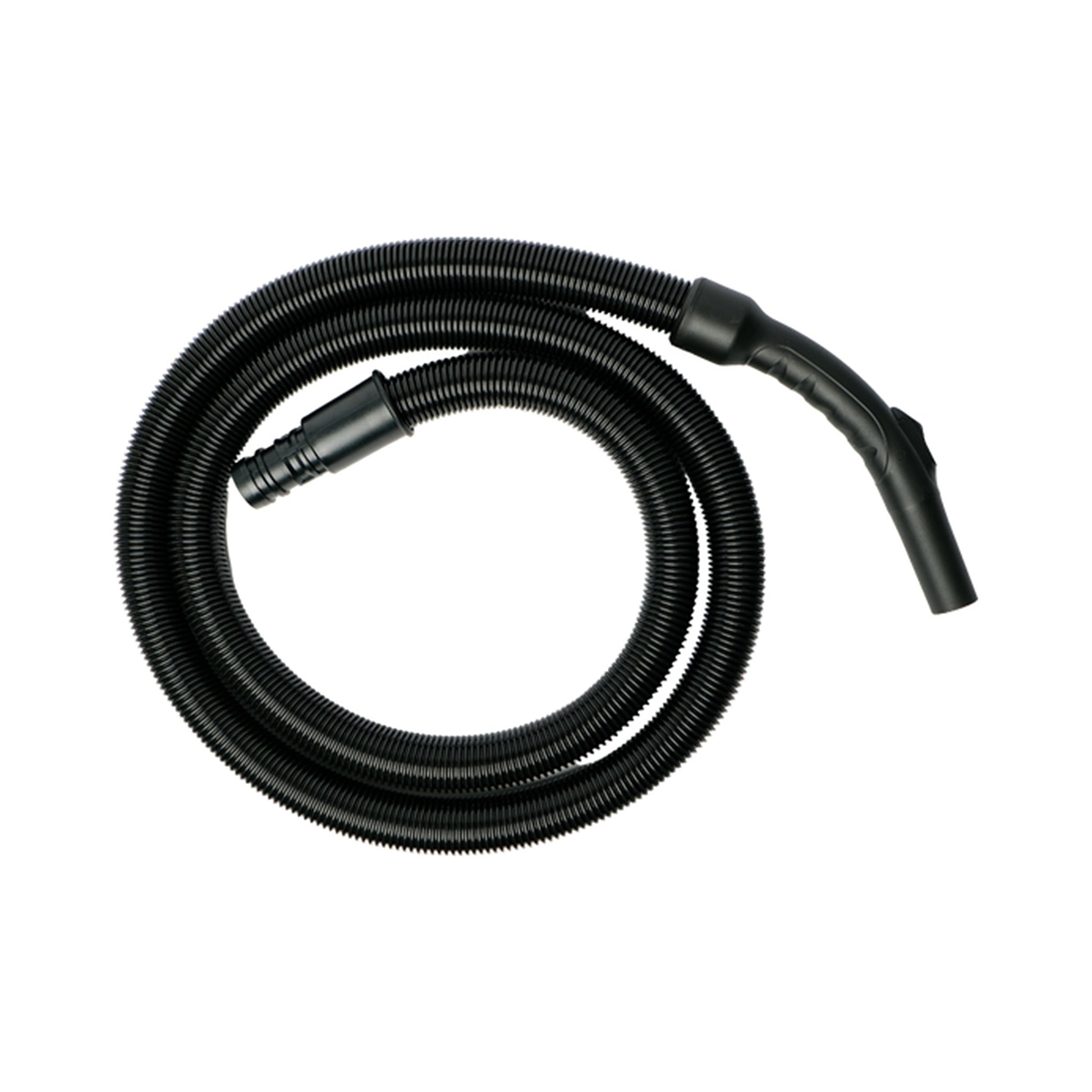 Black vacuum hose coiled on a white background