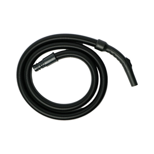 Black vacuum hose coiled on a white background