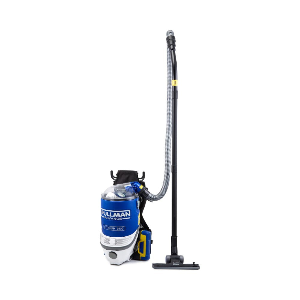 Vacuum cleaner with a blue and black design on a white background