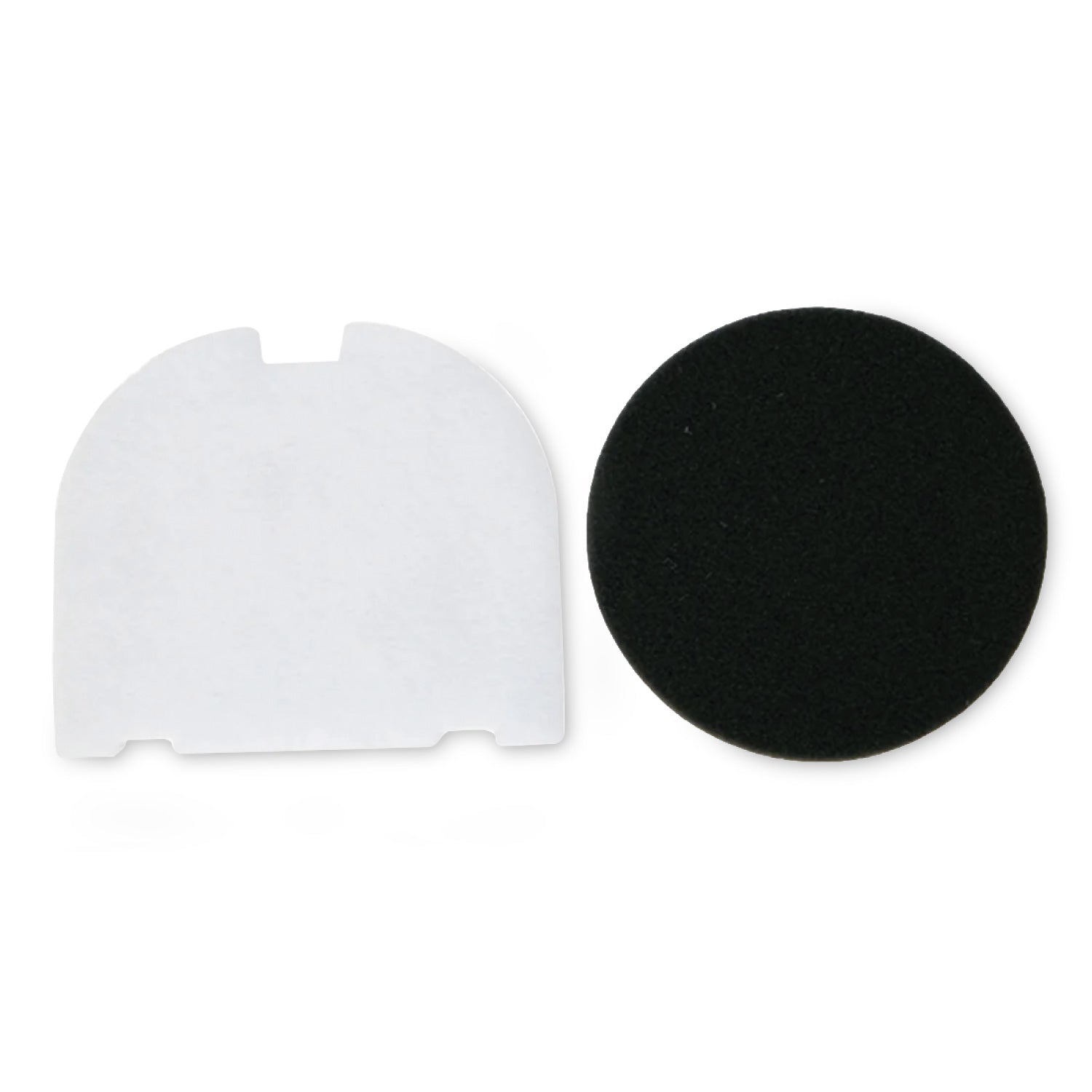 White plastic cover and black foam filter on a white background