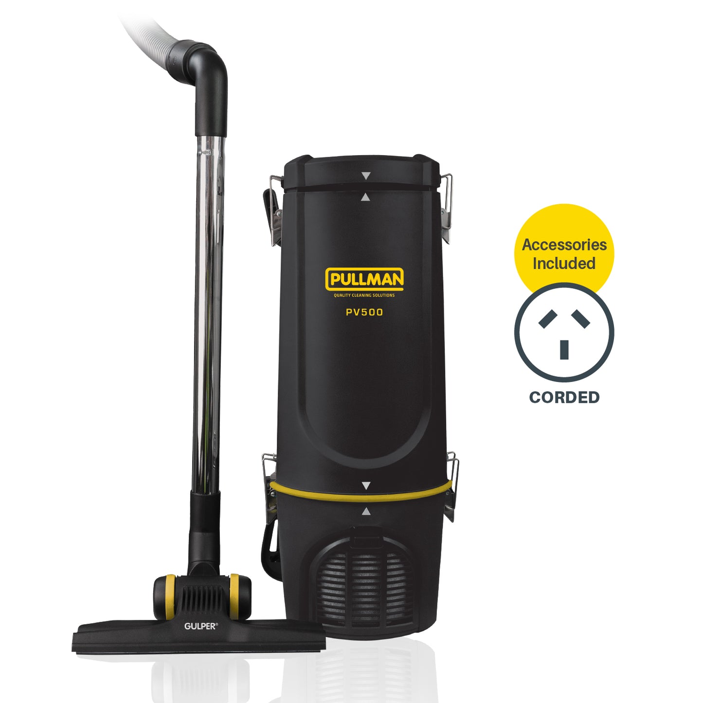 Black backpack vacuum cleaner with yellow accents on a white background, featuring the Pullman brand.