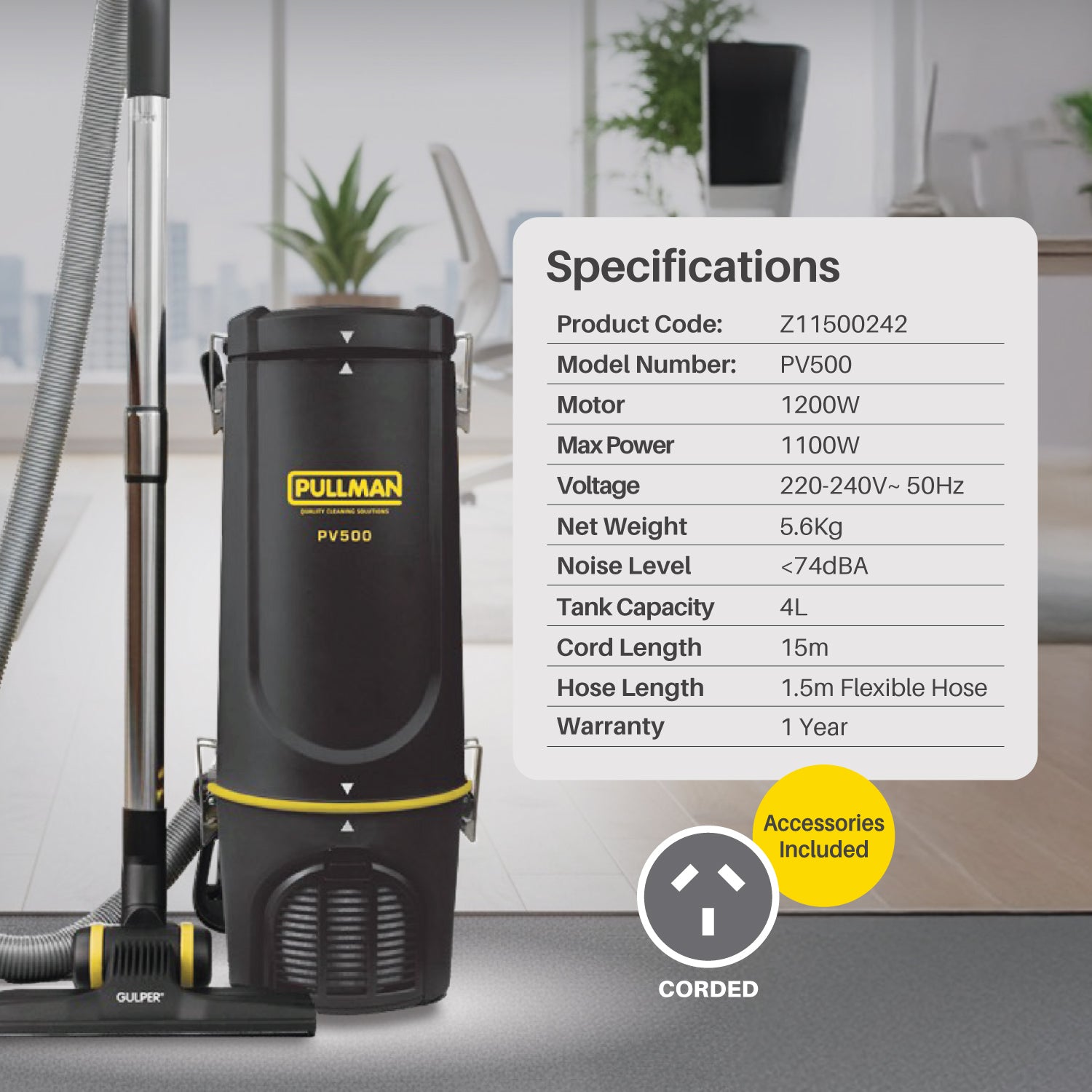 Black vacuum cleaner with yellow accents and specifications displayed on a white background