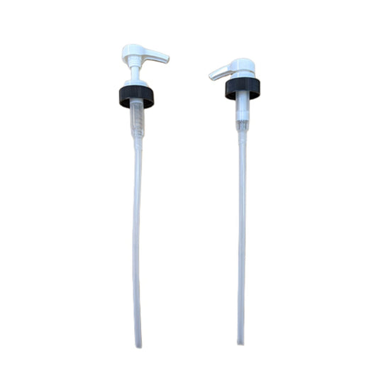 Two white pump dispensers with nozzles on a white background