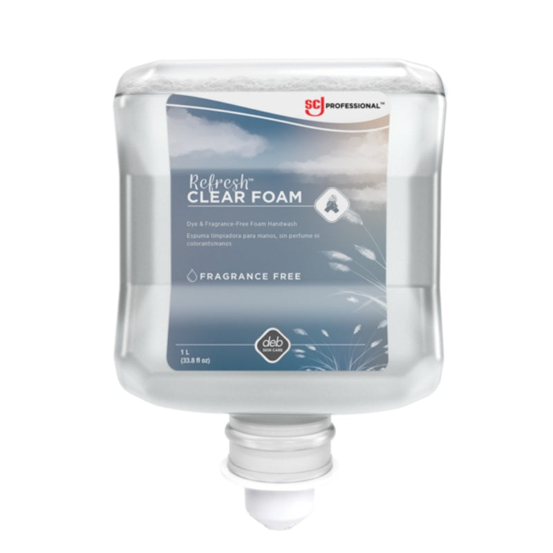 Clear foam hand sanitizer dispenser with blue label on a white background