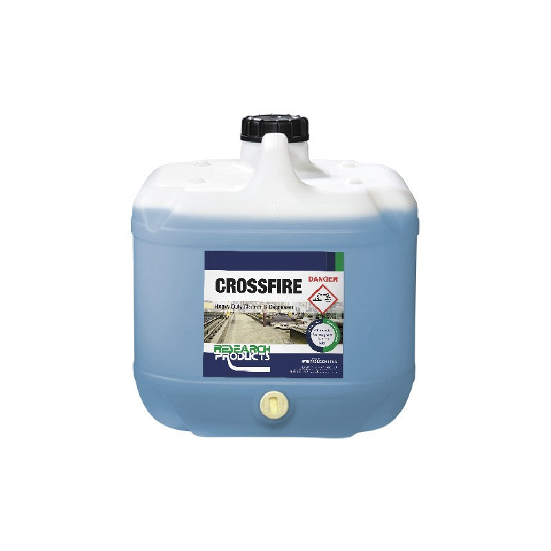 Blue and white container with 'Crossfire' label on a white background