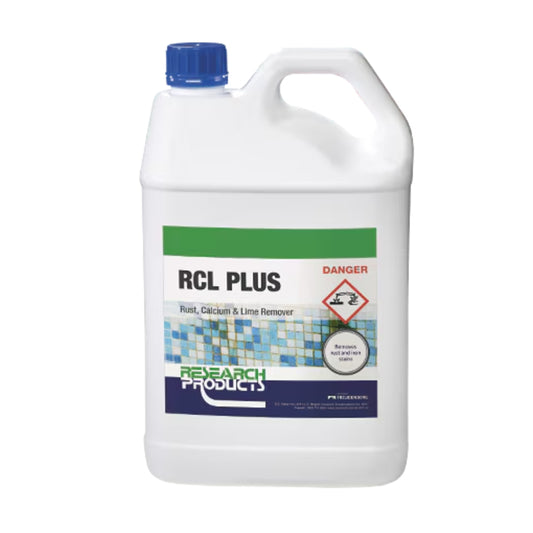 White container of RCL Plus Rust, Calcium & Lime Remover with blue cap on a white background
