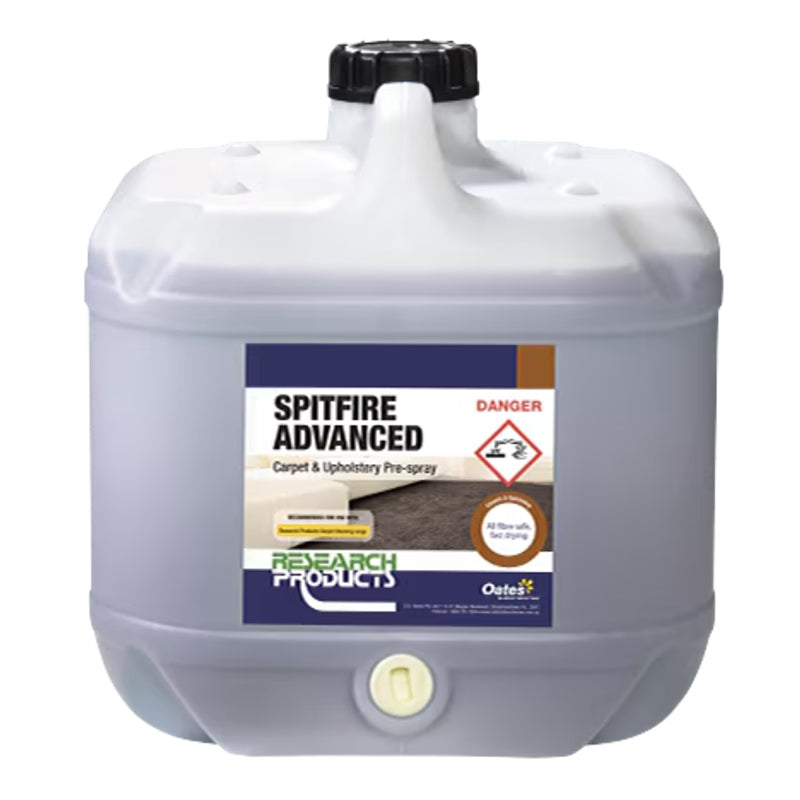 Jug of Spitfire Advanced carpet and upholstery pre-spray with Research Products label on a white background