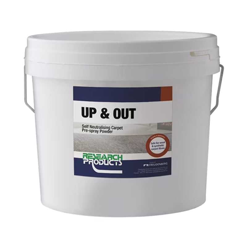 White bucket labeled 'UP & OUT' with Research Products branding on a white background