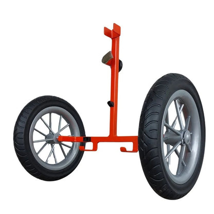 Red trolley frame with two wheels on a white background