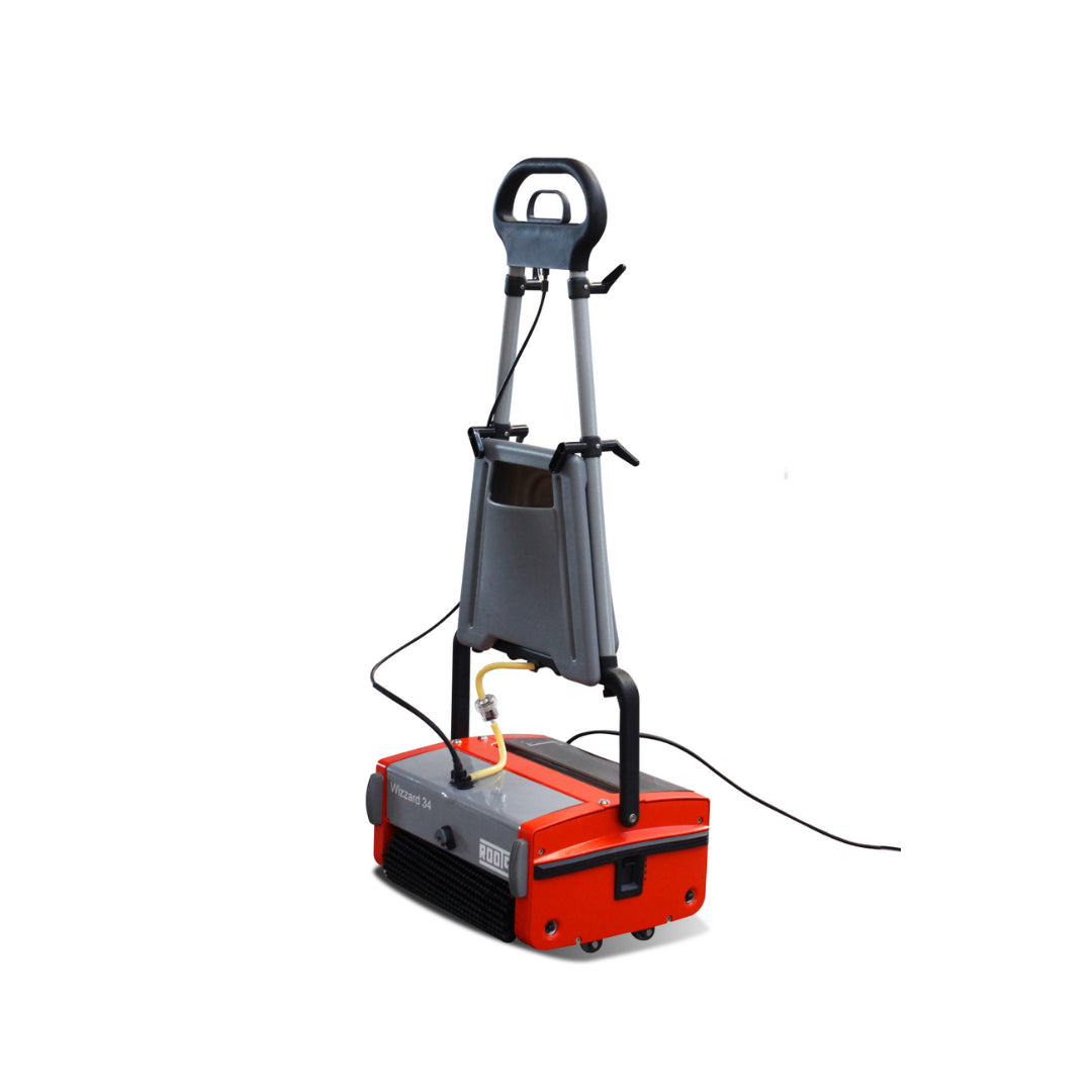 Floor scrubber with red base and gray top on a white background