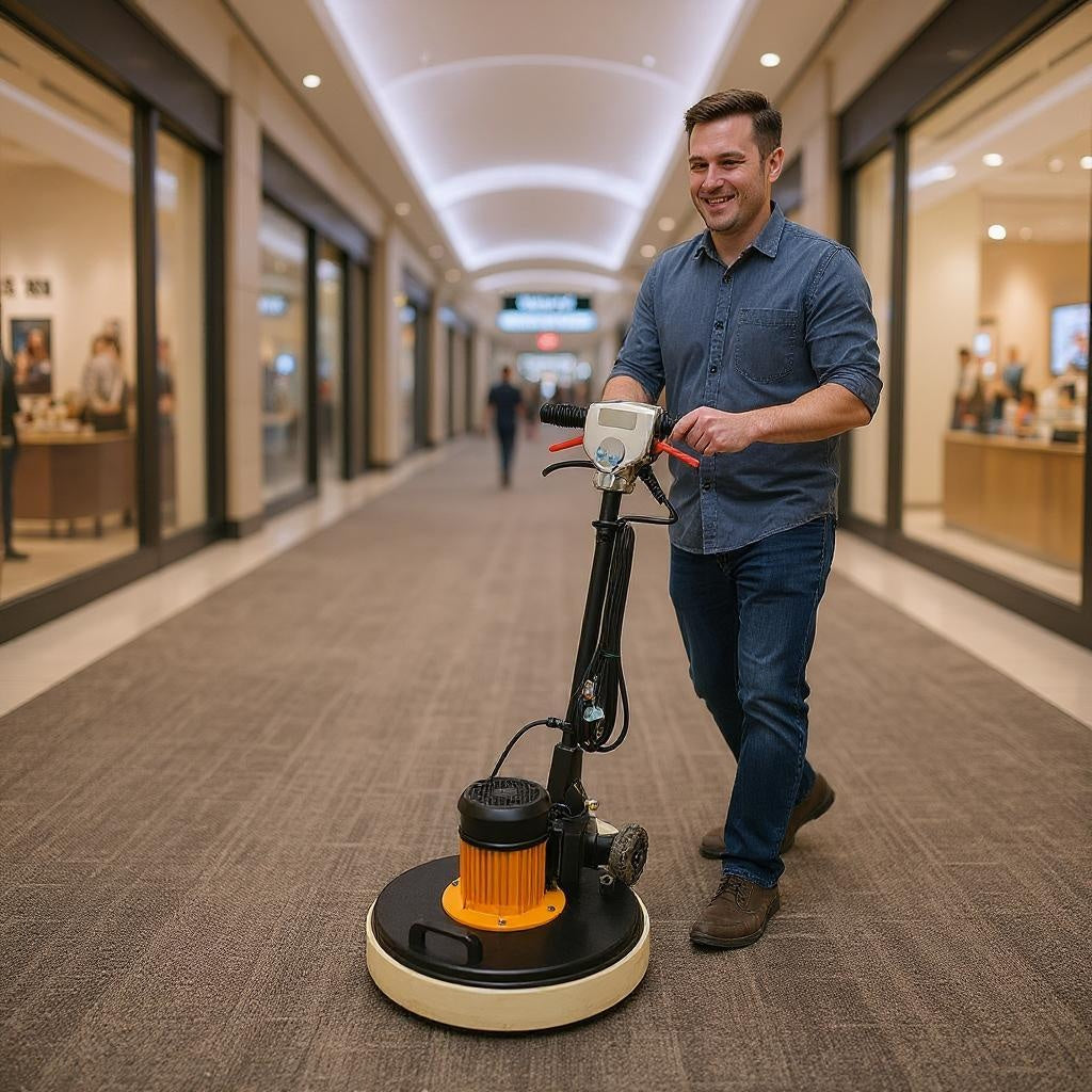 Man operating a carpet cleaning machine in a shopping mall.