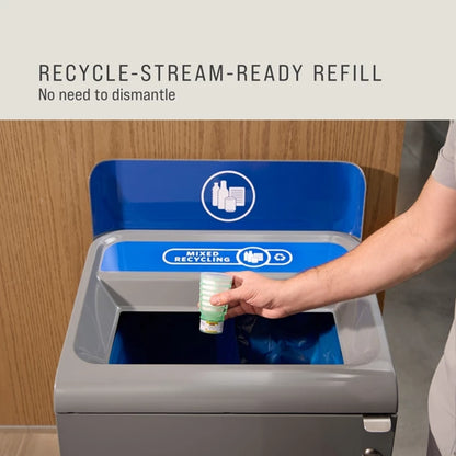 Person disposing of a Rubbermaid Circulair 90 Passive Air Care Refill into a recycling bin with text 'Recycle-Stream-Ready Refill' above.