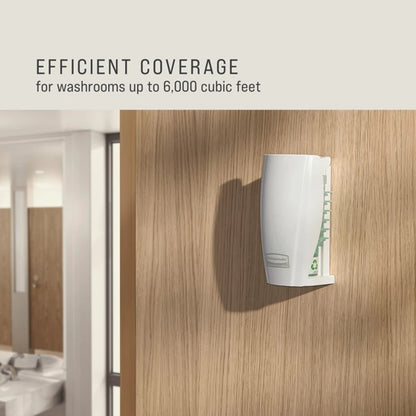 Rubbermaid air freshener mounted on a bathroom wall with text about coverage for washrooms.