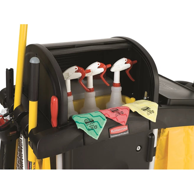 Rubbermaid High Security Cleaning Cart with broom, buckets, and cleaning supplies on a white background