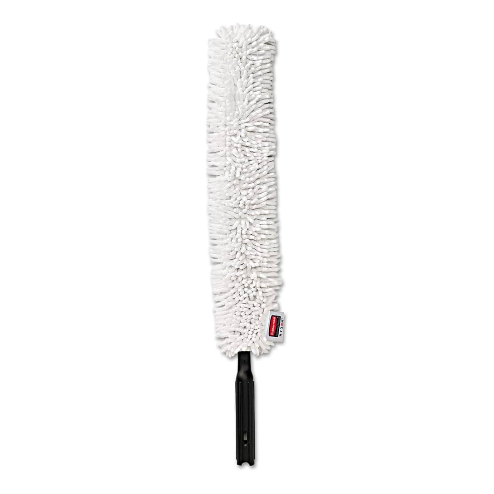 White Rubbermaid microfiber duster with black handle on a white background