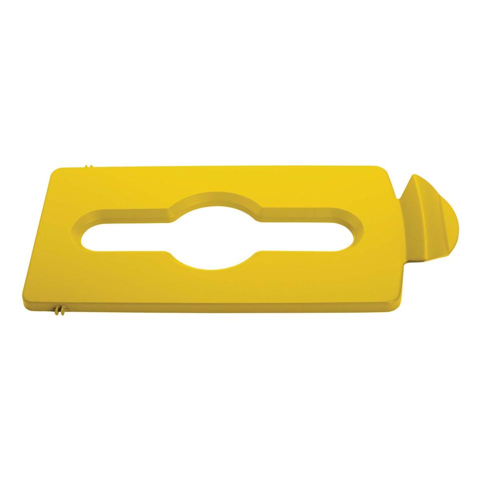 Yellow plastic container with a white center on a white background