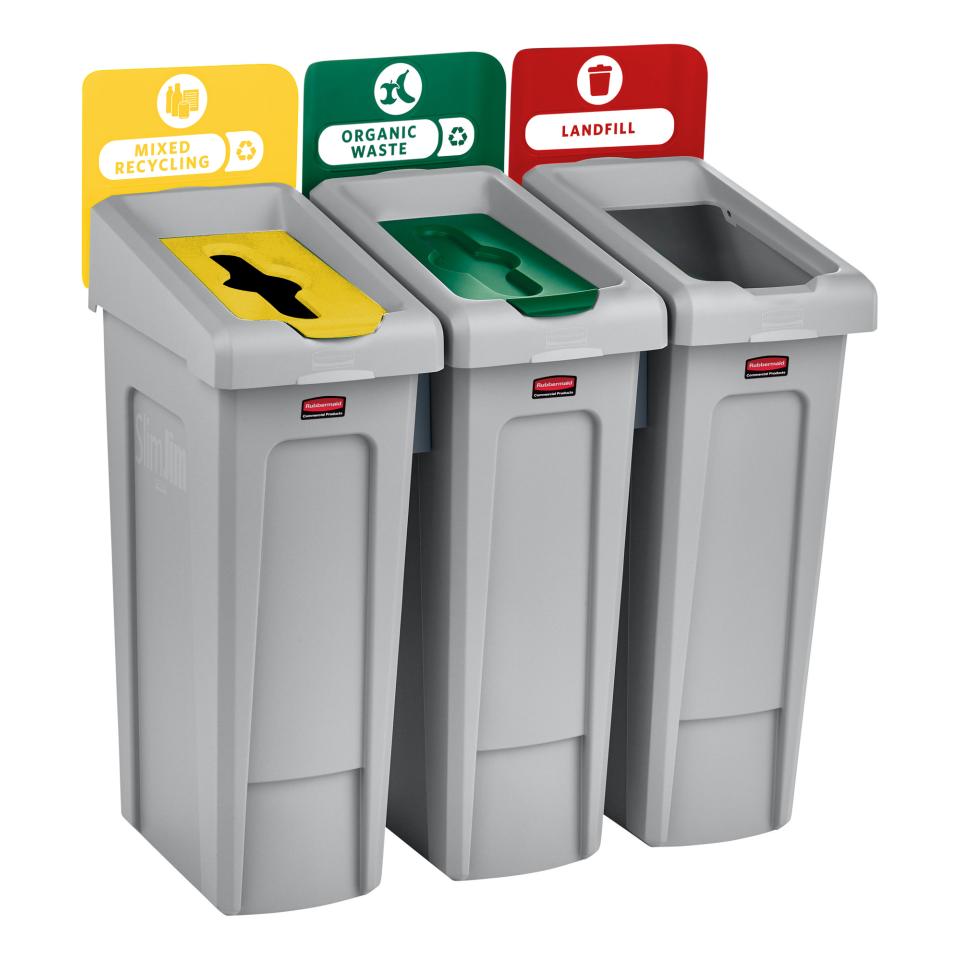 Three recycling bins with color-coded lids for mixed recycling, organic waste, and landfill on a white background.