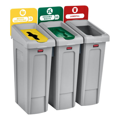Three recycling bins with color-coded lids for mixed recycling, organic waste, and landfill on a white background.