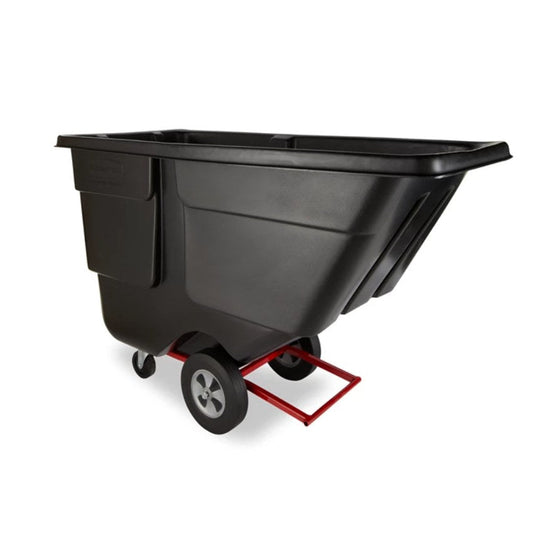 Black Rubbermaid Tilt Truck cart with wheels on a white background
