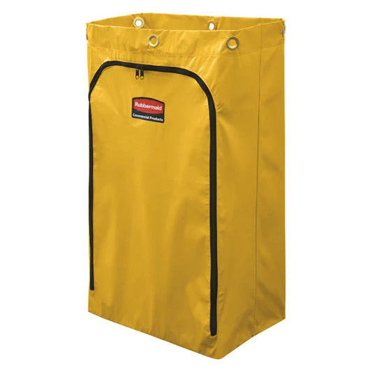 Yellow trash bag with black zipper on a white background
