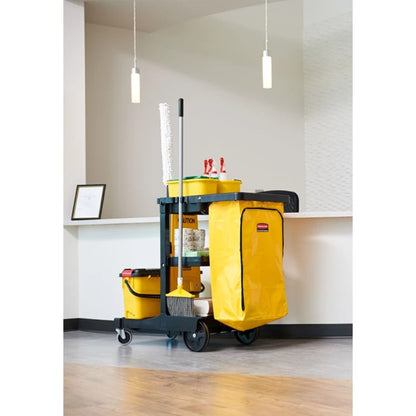 Yellow cleaning cart with supplies in a room setting