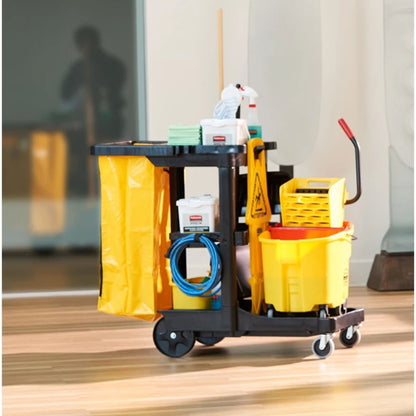 Cleaning cart with supplies in a room setting