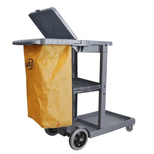 Gray cleaning cart with yellow bag featuring a Sabco logo on a white background