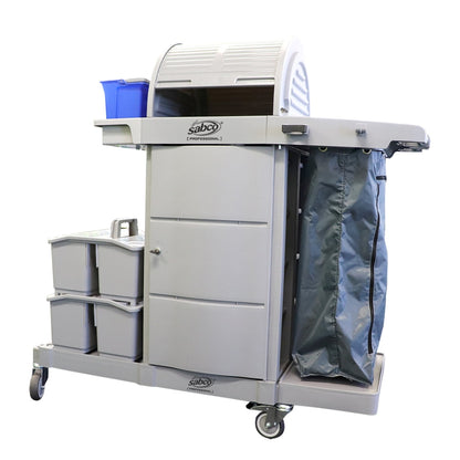 Gray cleaning cart with storage compartments and a bag on a white background