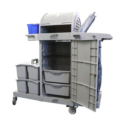 Gray cleaning cart with multiple compartments and a blue bucket on a white background