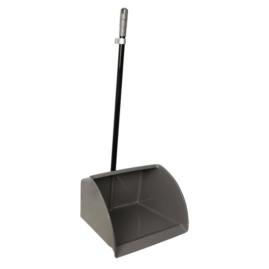 Gray dustpan with black handle on a white background