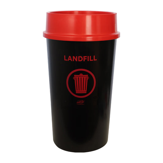 Black trash bin with red lid and 'LANDFILL' text on a white background