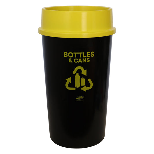 Black recycling bin with yellow lid and text on a white background