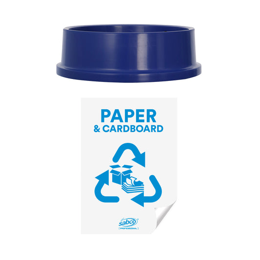 Recycling bin with blue lid and 'Paper & Cardboard' label on a white background