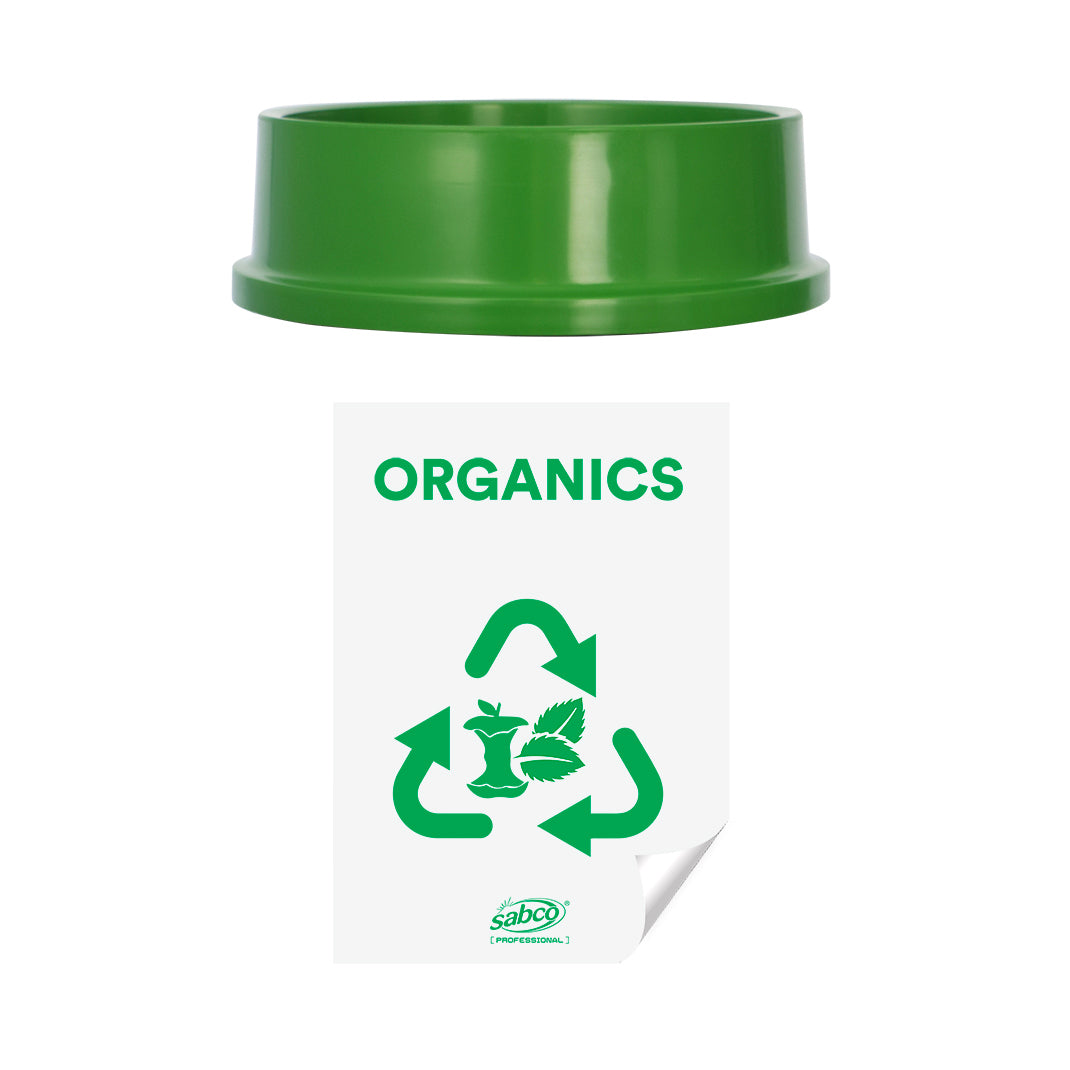 Recycling bin with green lid and 'ORGANICS' label on a white background