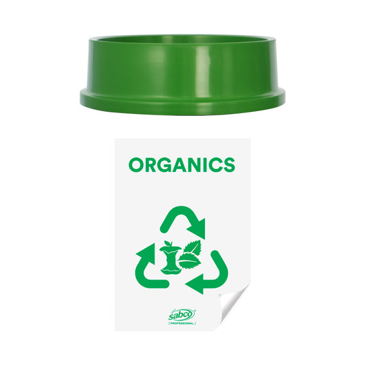 Recycling bin with green lid and 'ORGANICS' label on a white background