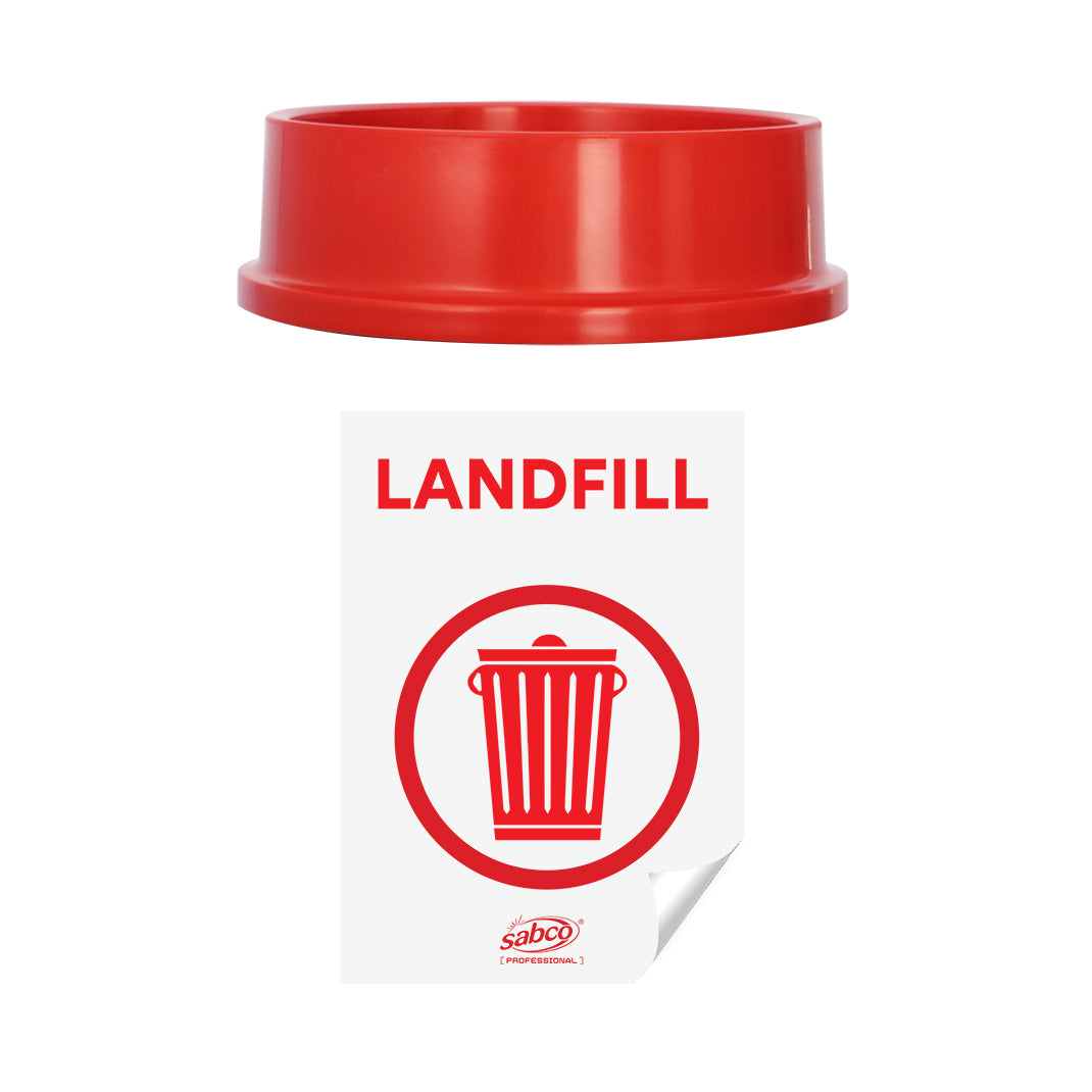 Red trash can lid with a 'Landfill' label on a white background